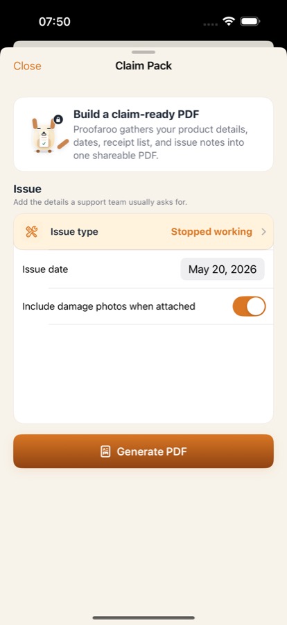 Proofaroo Claim Pack builder screen for generating a claim-ready PDF.
