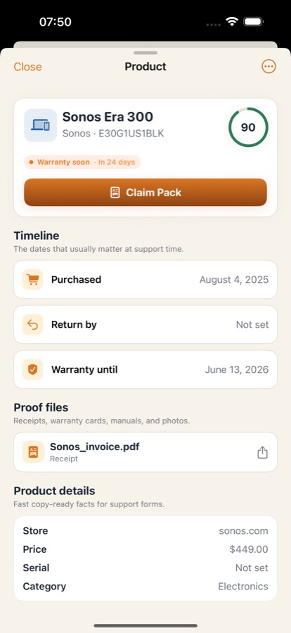 Proofaroo product detail screen with warranty timeline, proof files, and product details.