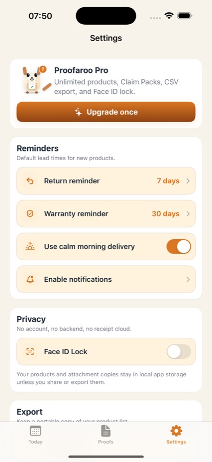 Proofaroo settings screen with Pro unlock, reminders, Face ID Lock, and local storage privacy text.