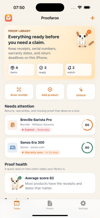 Proofaroo Today screen with proof library status, add receipt, add product, and needs attention cards.