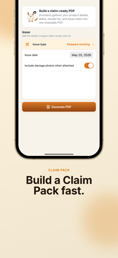 Proofaroo Claim Pack screen.