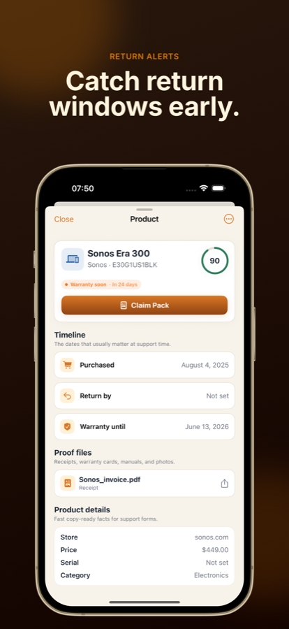 Proofaroo product detail screenshot with return and warranty timeline.